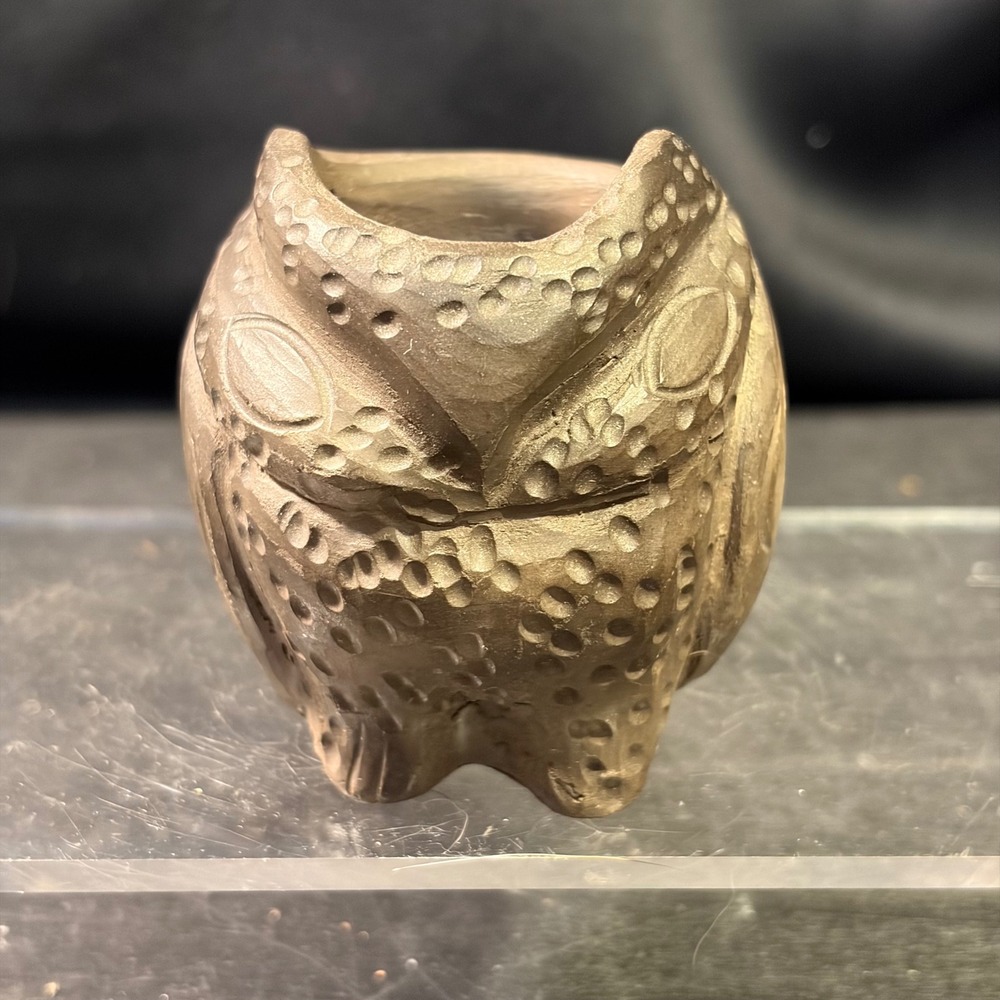 Vintage Handcrafted Clay Owl Figurine Signed Made by Big Mama Bronze Tone 2.75"